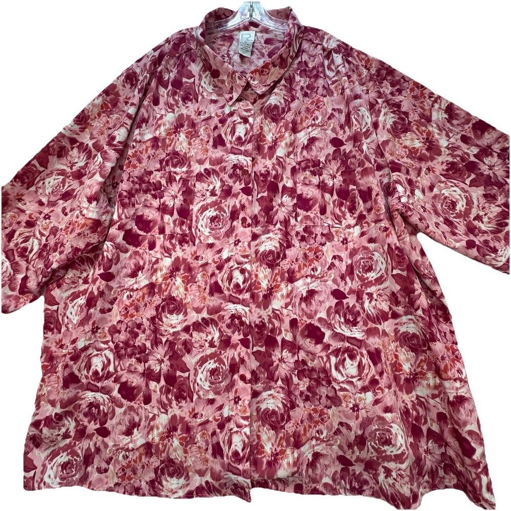 Vintage Roamans Plus Size 6X Pink Floral‎ Button Up Shirt Blouse Boho Peasant